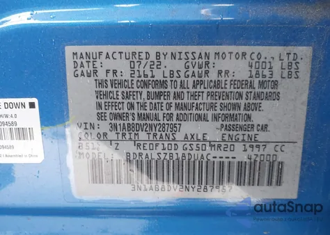 2022 Nissan Sentra Sr Xtronic Cvt from USA, damaged, VIN 3N1AB8DV2NY287957
